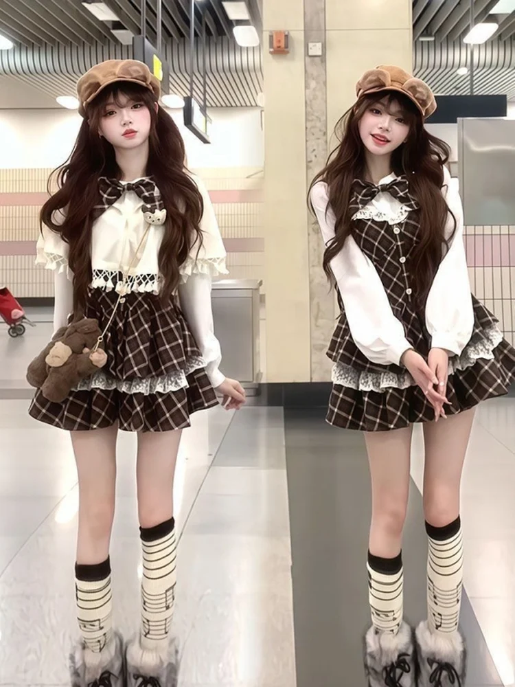 Sweet Cute Sle JK orm Set Autumn Winter Plaid awl Cloak Dr Cake Skirt Two Piece Set Adult Women's Faion Ensemble
Sweet Cute Sle JK orm Set Autumn Winter Plaid awl Cloak Dr Cake Skirt Two Piece Set Adult Women's Faion Ensemble