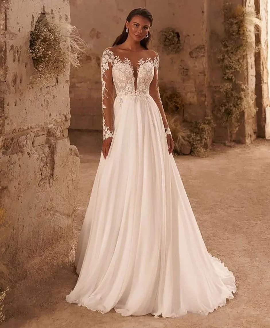 Customized Boho Long Sleeves Wedding Dress Chiffon Lace Appliques A-Line Ivory Bridal Gowns 2026 Vestidos De Novia
Customized Boho Long Sleeves Wedding Dress Chiffon Lace Appliques A-Line Ivory Bridal Gowns 2026 Vestidos De Novia