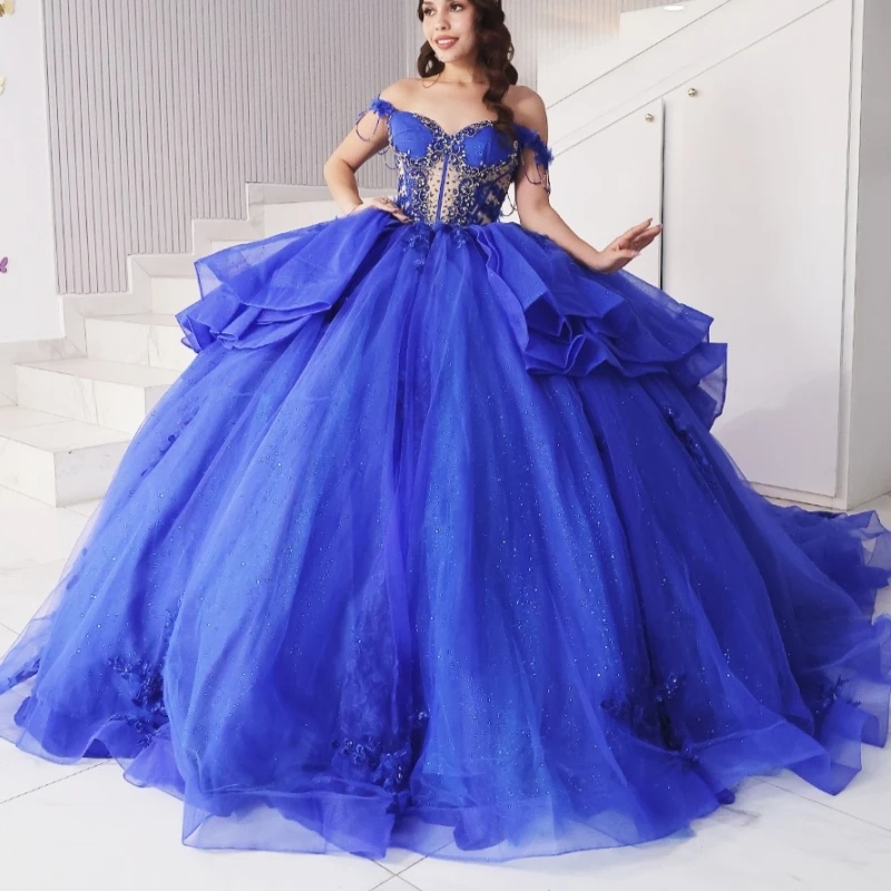 Royal Blue Shiny Ball Gown Quinceanera Dresses Applique Lace Beading Crystal Bow Tull Corset Off Shoulder Sweet 16 Dress vestido
Royal Blue Shiny Ball Gown Quinceanera Dresses Applique Lace Beading Crystal Bow Tull Corset Off Shoulder Sweet 16 Dress vestido