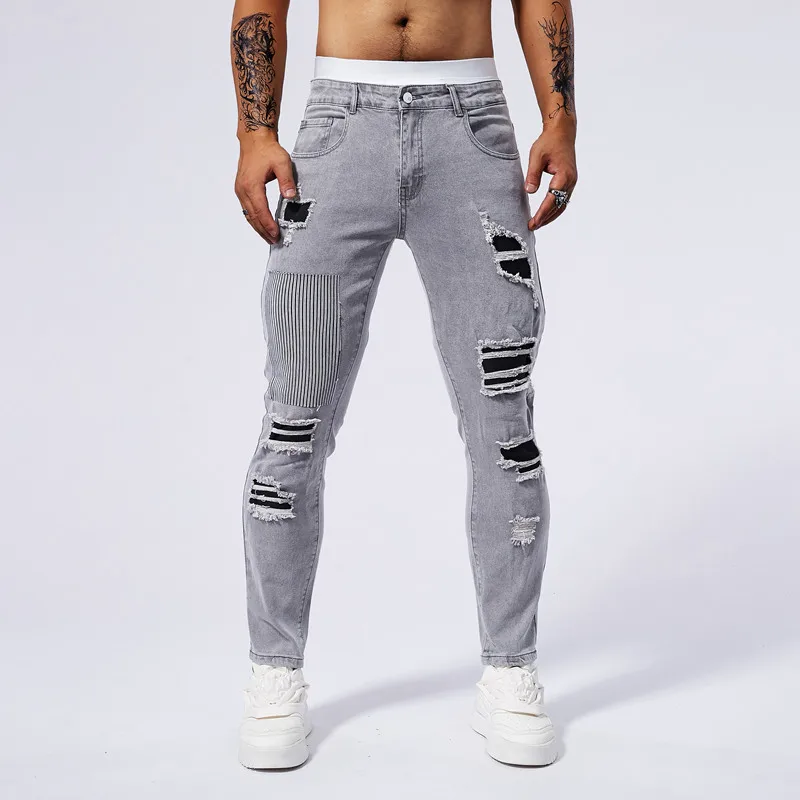 New Men's Slim Patchwork Jeans Ripped Fashion Streetwear Cotton Blue Gray Male Elasticity Hip Hop Hole Denim Trousers
New Men's Slim Patchwork Jeans Ripped Fashion Streetwear Cotton Blue Gray Male Elasticity Hip Hop Hole Denim Trousers