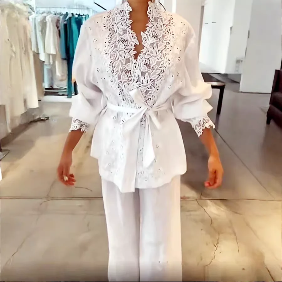 Casual Women's White Shirt Fashion Ladies Lace Blouse Set Summer Cotton Beach Outfits
Casual Women's White Shirt Fashion Ladies Lace Blouse Set Summer Cotton Beach Outfits