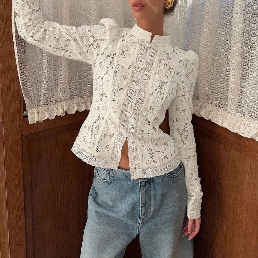 HOUZHOU Women's Lace-Crocheted Stand-Up Collar Fitted Blouse White Shirts Fashionable Elegant European American Styles Clothing
HOUZHOU Women's Lace-Crocheted Stand-Up Collar Fitted Blouse White Shirts Fashionable Elegant European American Styles Clothing