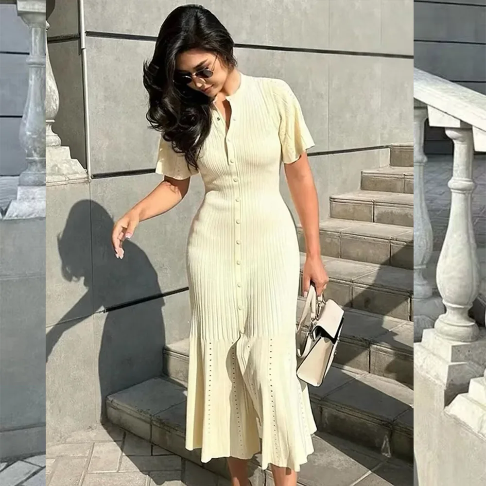 Basic Short Sleeve Pleated Long Dress Casual Knitted Eyelet Button Contrast Women Dresses Summer Bodycon Official Outfits
Basic Short Sleeve Pleated Long Dress Casual Knitted Eyelet Button Contrast Women Dresses Summer Bodycon Official Outfits