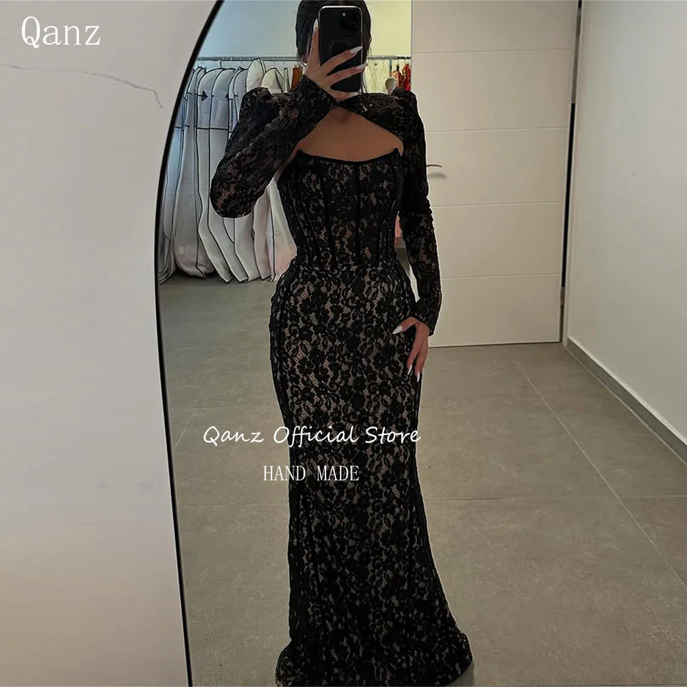 Qanz Black Lace Sweetheart Prom Dresses Mermaid With Jacket Long Sleeves Formal Evening Dress Corset Robe De Soirée Customized
Qanz Black Lace Sweetheart Prom Dresses Mermaid With Jacket Long Sleeves Formal Evening Dress Corset Robe De Soirée Customized