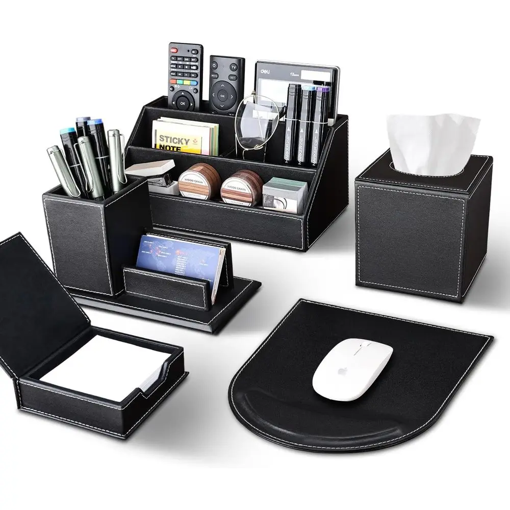 Multifunction Leather Desk Organizer Set: Storage Box, Tissue Holder, Mouse Pad, Note Holder, Pencil Stand in Black
Multifunction Leather Desk Organizer Set: Storage Box, Tissue Holder, Mouse Pad, Note Holder, Pencil Stand in Black
