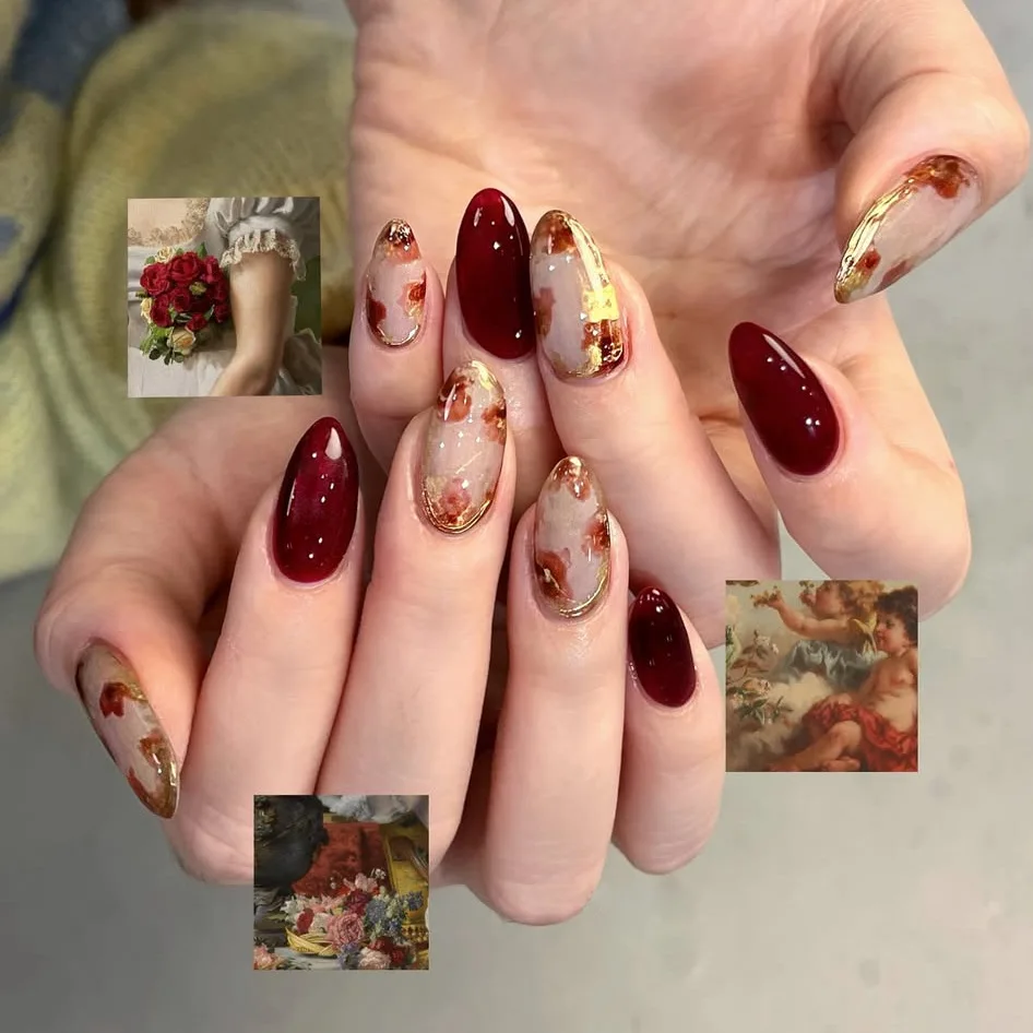 24Pcs Short Almond Press On Nails, Wine Red with Smudge Flower & Gold Line Fake Nails for Vintage Elegant Style
24Pcs Short Almond Press On Nails, Wine Red with Smudge Flower & Gold Line Fake Nails for Vintage Elegant Style