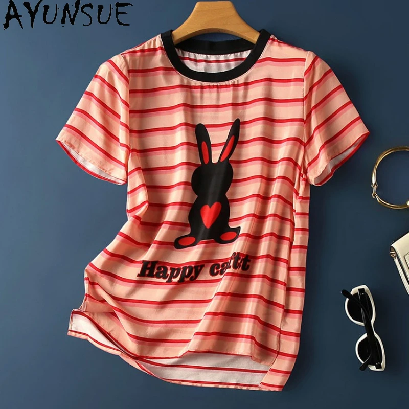 AYUNSUE 100% Real Mulberry Silk T Shirt Women Clothing Elegant T-Shirts Summer Ladies Tops Fashion O-neck Striped Топ Женский
AYUNSUE 100% Real Mulberry Silk T Shirt Women Clothing Elegant T-Shirts Summer Ladies Tops Fashion O-neck Striped Топ Женский