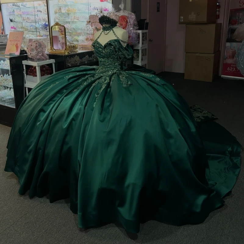Dark Green Shiny Ball Gown Quinceanera Dresses Applique Lace Beading Crystal Bow Tull Corset Off The Shoulder Sweet 16 Dress
Dark Green Shiny Ball Gown Quinceanera Dresses Applique Lace Beading Crystal Bow Tull Corset Off The Shoulder Sweet 16 Dress
