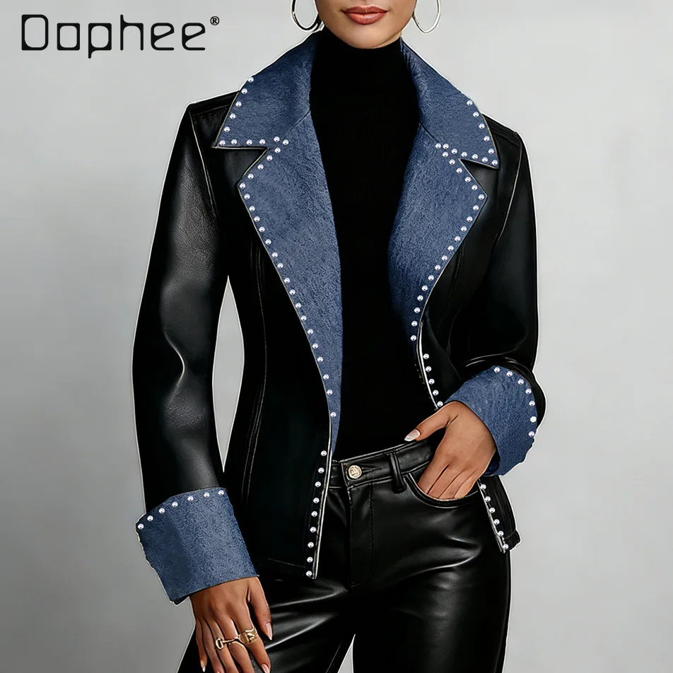 Women's European American Spring Autumn Casual Elegant Denim Stitching PU Imitation Leather Lapel Long-sleeved Slim Jacket
Women's European American Spring Autumn Casual Elegant Denim Stitching PU Imitation Leather Lapel Long-sleeved Slim Jacket