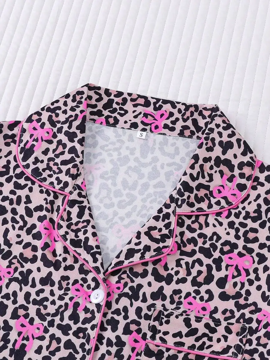 Womens Leopard Print Pajama Set With Bow Decor, Shirt Collar Short Sleeve Top And Loose Shorts
Womens Leopard Print Pajama Set With Bow Decor, Shirt Collar Short Sleeve Top And Loose Shorts