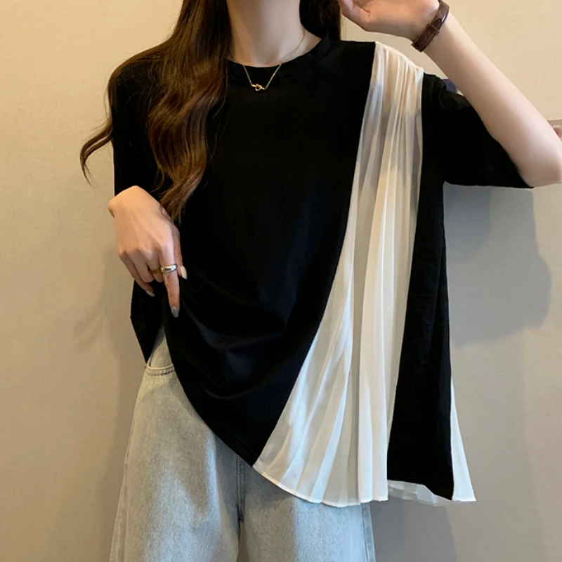 Irregular Pleated Chiffon Stitching Plus Size Loose Short-sleeved T-shirt Women's Summer Design Feels Fake Two Tops
Irregular Pleated Chiffon Stitching Plus Size Loose Short-sleeved T-shirt Women's Summer Design Feels Fake Two Tops