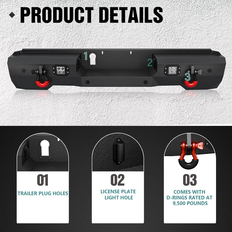 High Quality Rear Bumper With LED Lights Sensor Holes License Plate Lamp Trailer Plug Hole D-Rings Fit 2022-2025 Pickup Model
High Quality Rear Bumper With LED Lights Sensor Holes License Plate Lamp Trailer Plug Hole D-Rings Fit 2022-2025 Pickup Model