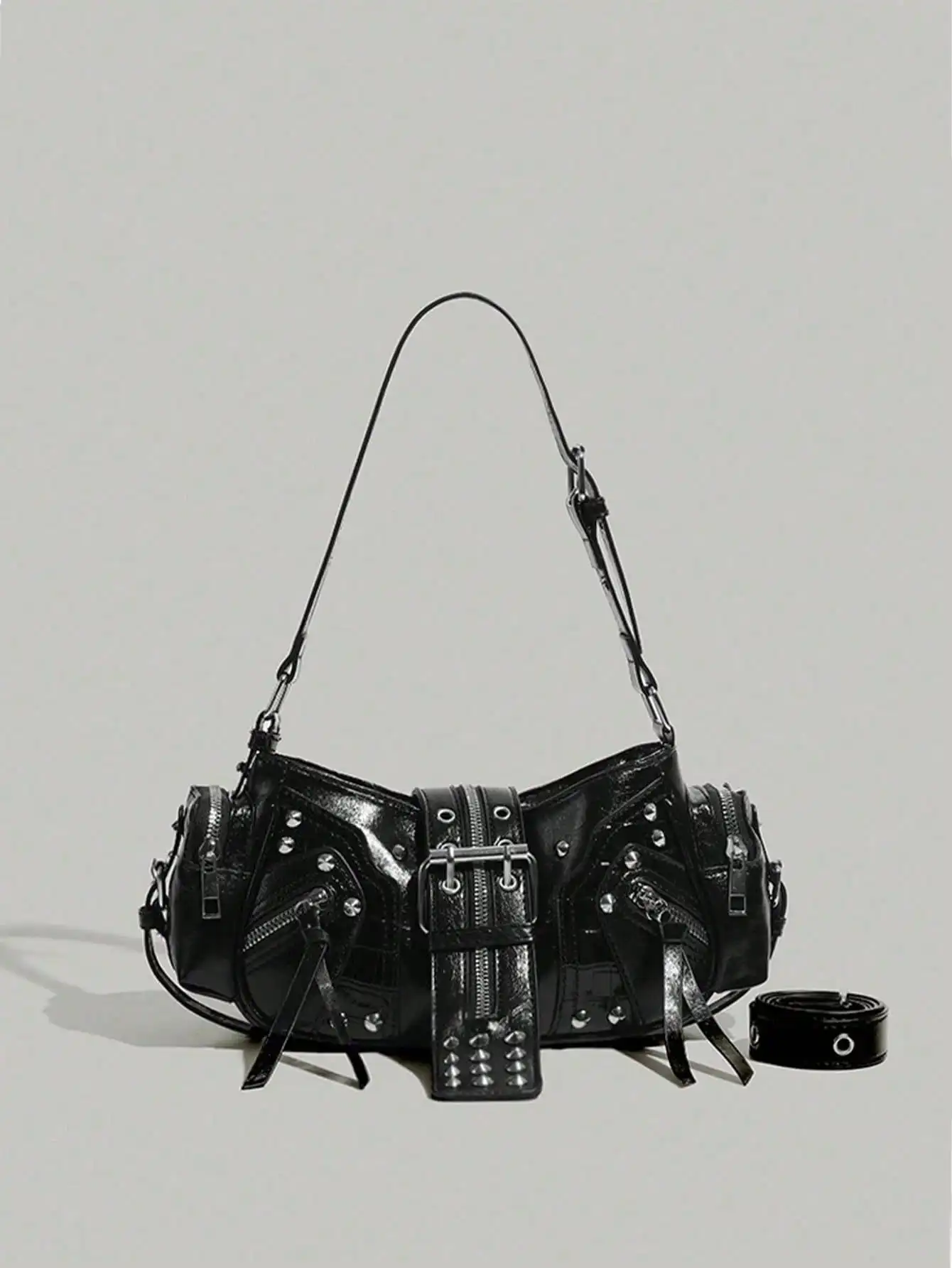 Black Punk-Style Rivet & Zipper Detail Shoulder Bag with Detachable Strap
Black Punk-Style Rivet & Zipper Detail Shoulder Bag with Detachable Strap