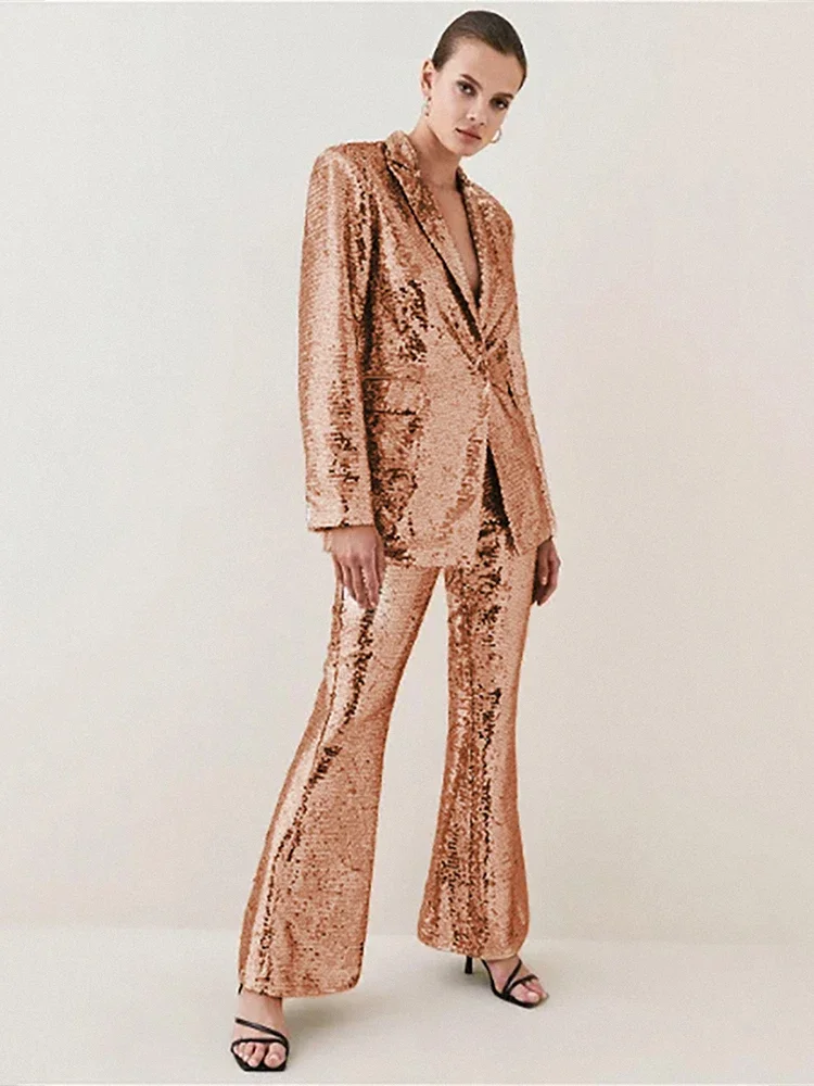 Women's Two Piece Pants Sets Sexy Gold Sequins V-Neck Long Sleeved Blazer Coat + Flare Pants Party Evening Outfits
Women's Two Piece Pants Sets Sexy Gold Sequins V-Neck Long Sleeved Blazer Coat + Flare Pants Party Evening Outfits