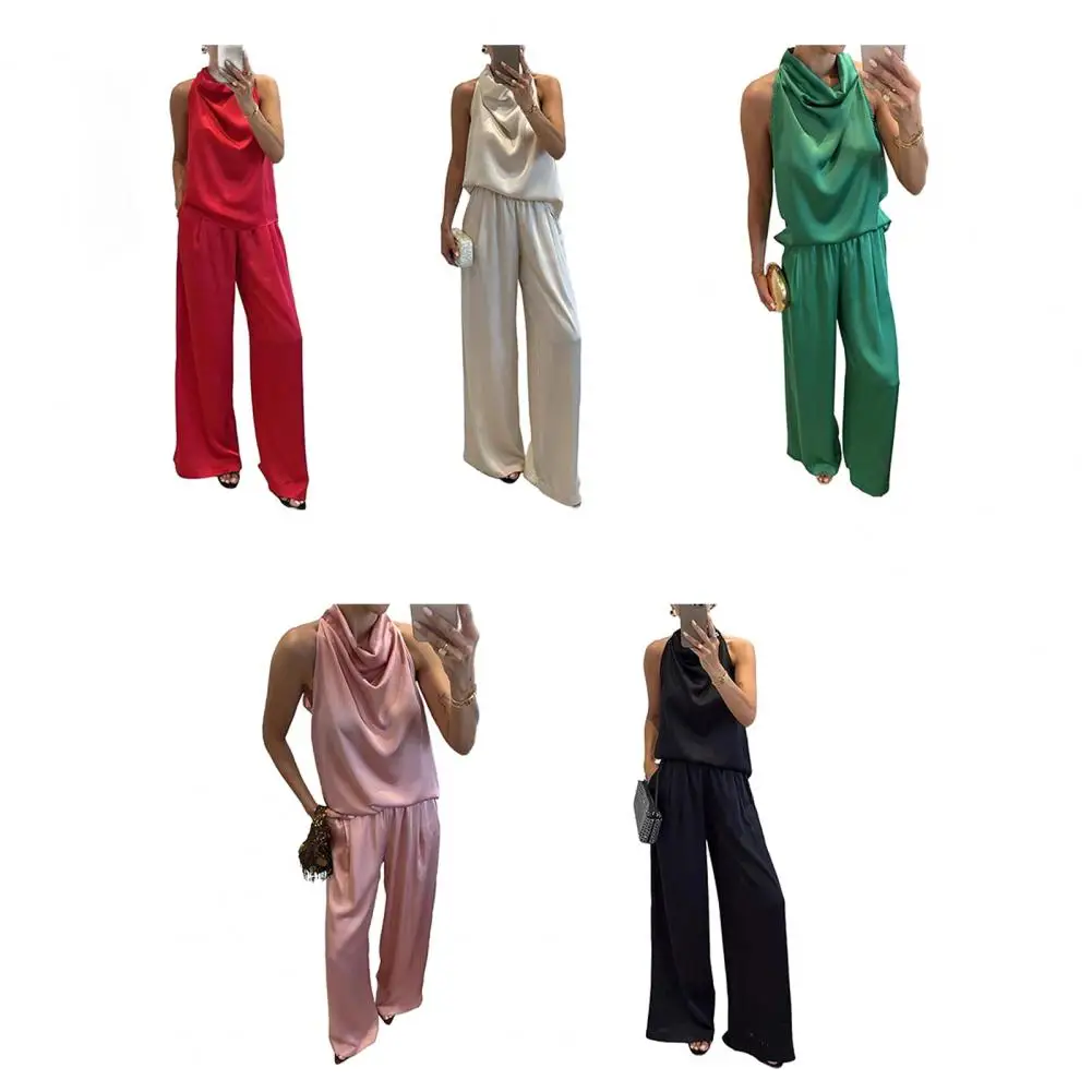 Summer Fashion Solid color Satin Two Piece Sets O-neck Sleeveless Top + Wide Leg Pant Casual Loose Set for Women Office Ladies
Summer Fashion Solid color Satin Two Piece Sets O-neck Sleeveless Top + Wide Leg Pant Casual Loose Set for Women Office Ladies