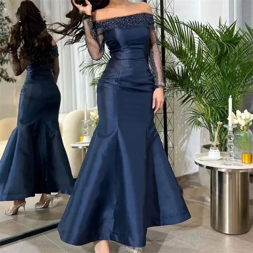Navy Evening Dress Customized Boat Neck Mermaid Floor Length Evening Gowns Off Shoulder Sequin Long Sleeves Formal Party Dress 
Navy Evening Dress Customized Boat Neck Mermaid Floor Length Evening Gowns Off Shoulder Sequin Long Sleeves Formal Party Dress