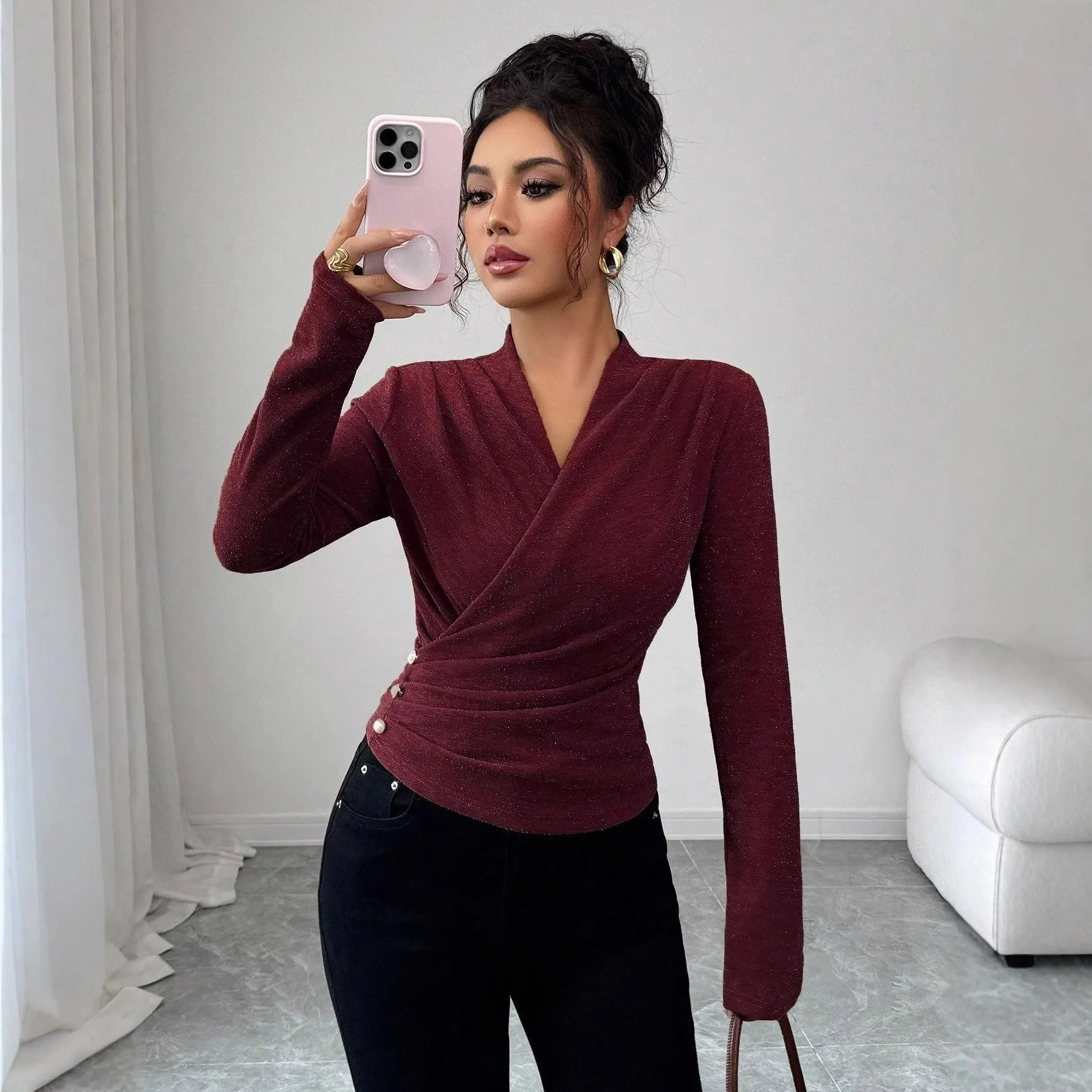Women's Solid Color Sequin Embellished V-neck Buttoned Ruched Slim-fit Long-sleeve Blouse Evening Dresses Boho Luxury Robe
Women's Solid Color Sequin Embellished V-neck Buttoned Ruched Slim-fit Long-sleeve Blouse Evening Dresses Boho Luxury Robe