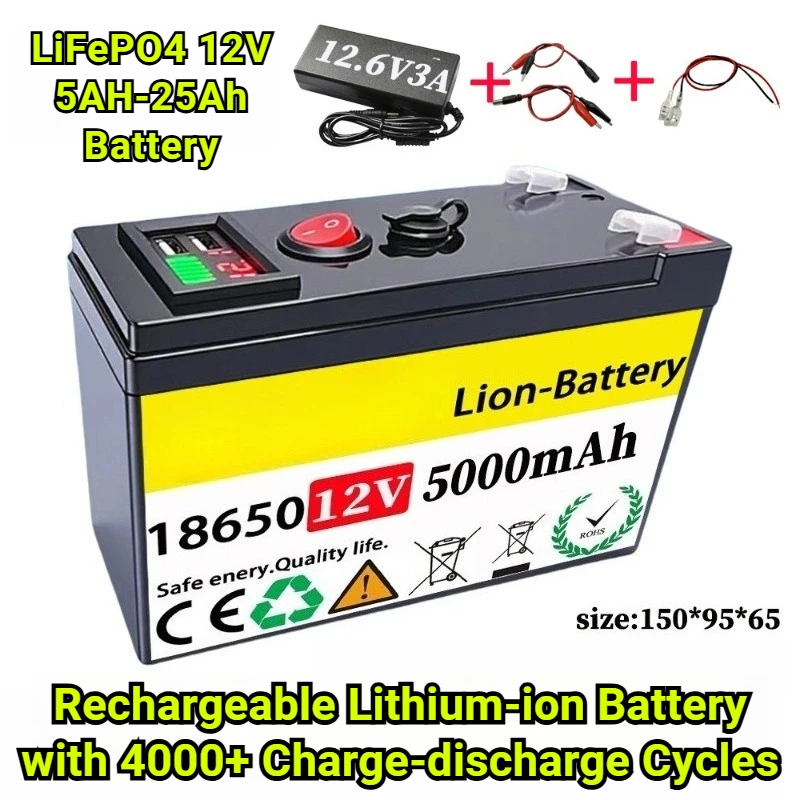 LiFePO4 12V 5AH-25Ah Battery with Built-in BMS, Rechargeable Lithium-ion Battery with 4000+ Charge-discharge Cycles
LiFePO4 12V 5AH-25Ah Battery with Built-in BMS, Rechargeable Lithium-ion Battery with 4000+ Charge-discharge Cycles