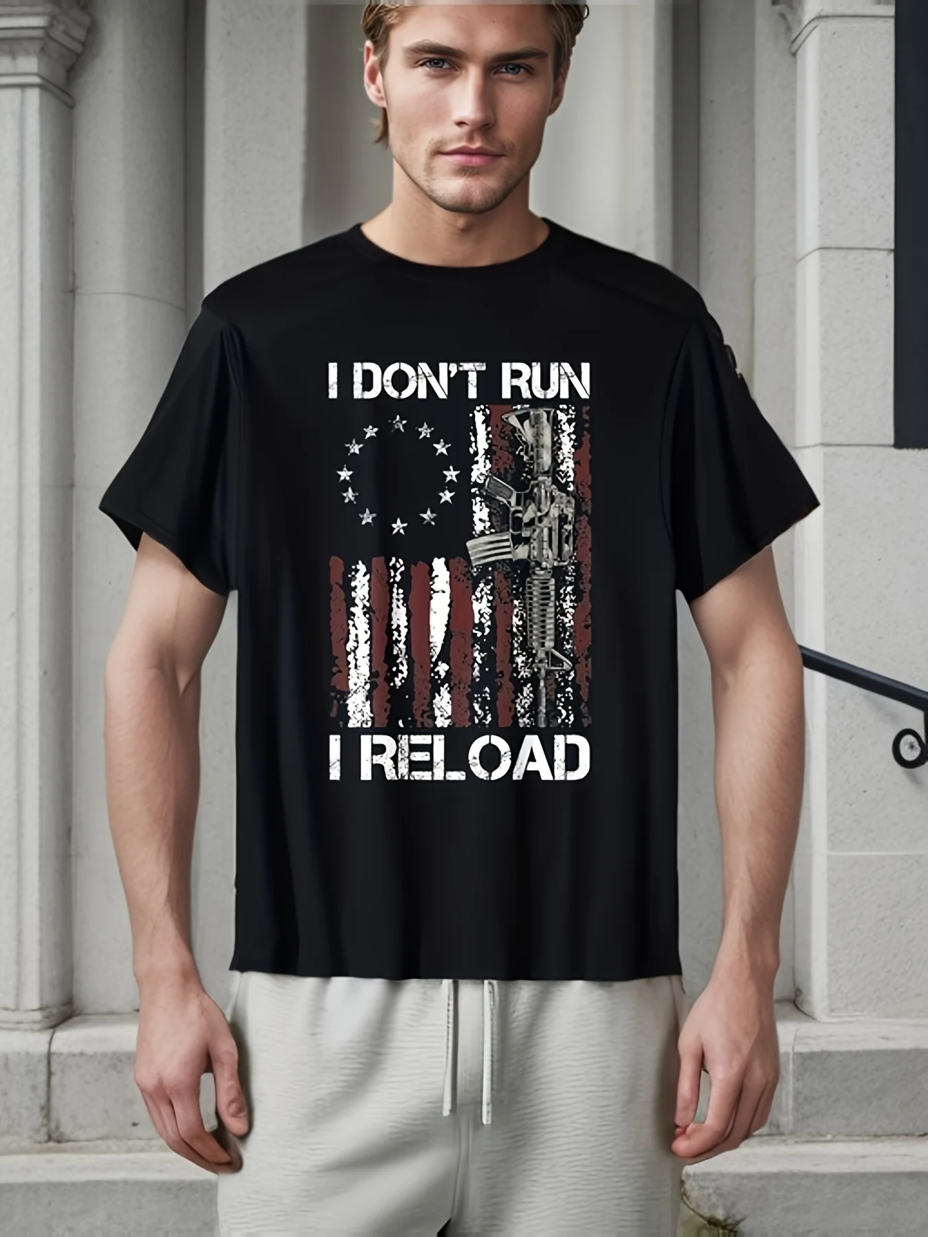 Мужская футболка с патриотическим американским флагом — дизайн «I Don't Run I Reload», 100% хлопок, короткий рукав, круглый вырез
Мужская футболка с патриотическим американским флагом — дизайн «I Don't Run I Reload», 100% хлопок, короткий рукав, круглый вырез