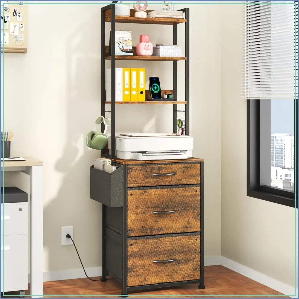 69" Tall 3-Drawer File Cabinet with Charging Station, 4-Tier Shelves, Adjustable Shelf, Fabric Drawers, Printer Stand, Home Office, Rustic Brown
69" Tall 3-Drawer File Cabinet with Charging Station, 4-Tier Shelves, Adjustable Shelf, Fabric Drawers, Printer Stand, Home Office, Rustic Brown