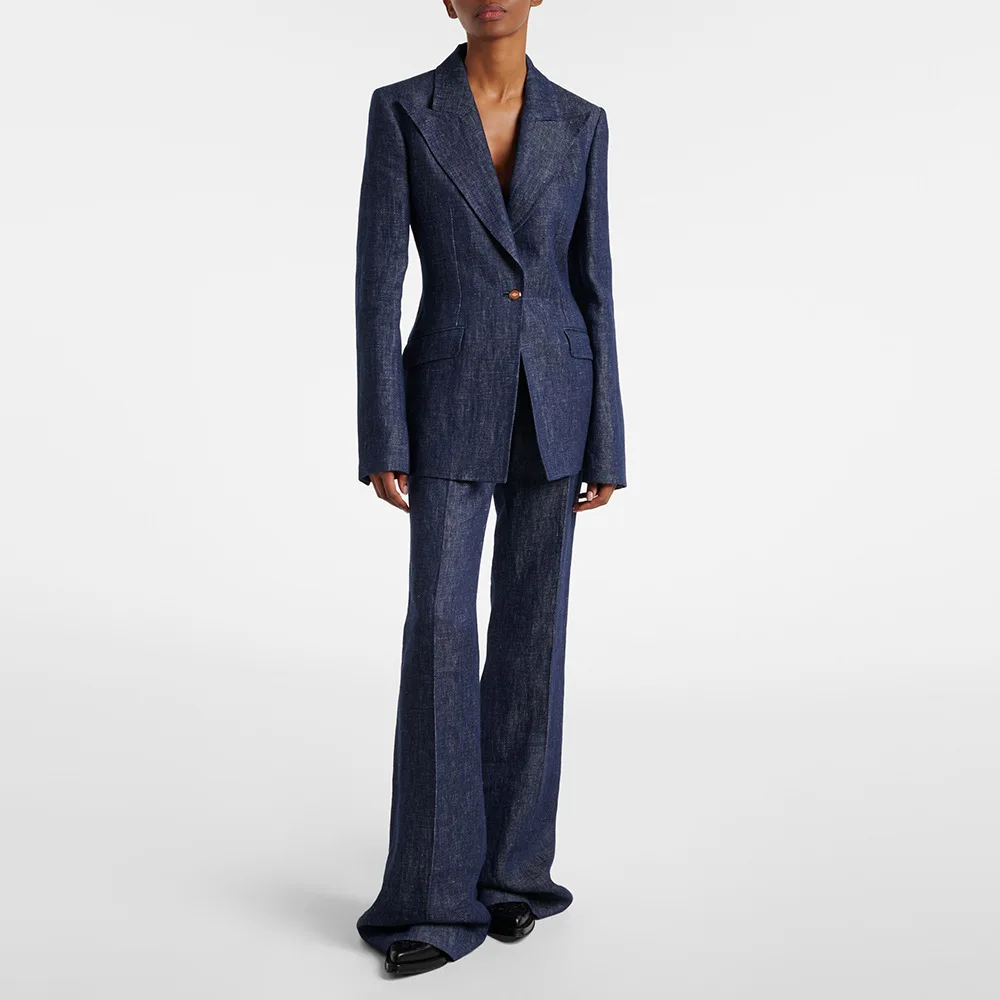 HIGH STREET New 2026 Fashion Women Faux Denim Blazer Suit Single Gold Button Notched Lapel Jacket Flared Pants Set for Formal
HIGH STREET New 2026 Fashion Women Faux Denim Blazer Suit Single Gold Button Notched Lapel Jacket Flared Pants Set for Formal