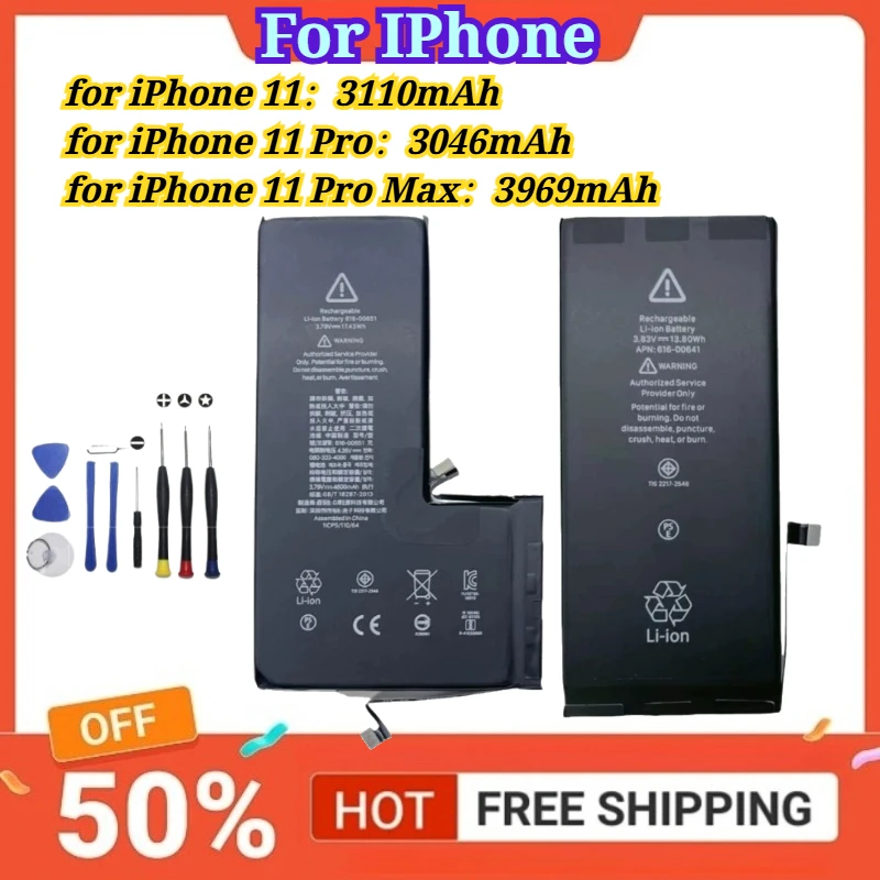 For IPhone 11 3110mAh/for IPhone 11 Pro 3046mAh/for IPhone 11 Pro Max 3969mAh Mobile Phone Batteries + Free Tools
For IPhone 11 3110mAh/for IPhone 11 Pro 3046mAh/for IPhone 11 Pro Max 3969mAh Mobile Phone Batteries + Free Tools