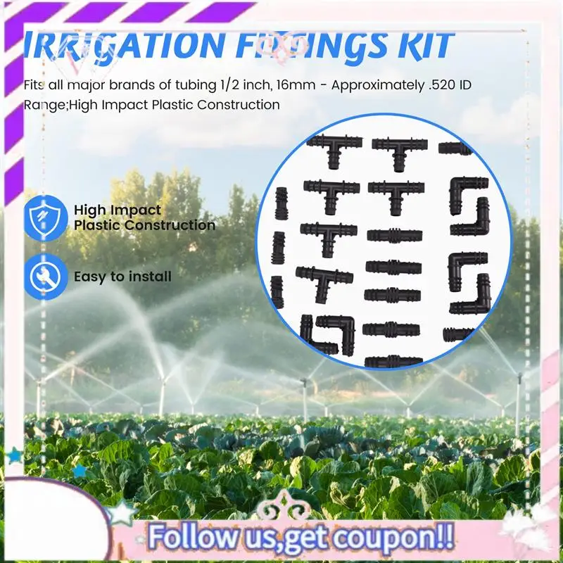 Premium Irrigation Fittings Kit For Drip Tubing -6 Tees, 6 Couplings, 6 Ends, 6 Elbows - 16Mm Compatible Drip Sprinkler Systems
Premium Irrigation Fittings Kit For Drip Tubing -6 Tees, 6 Couplings, 6 Ends, 6 Elbows - 16Mm Compatible Drip Sprinkler Systems