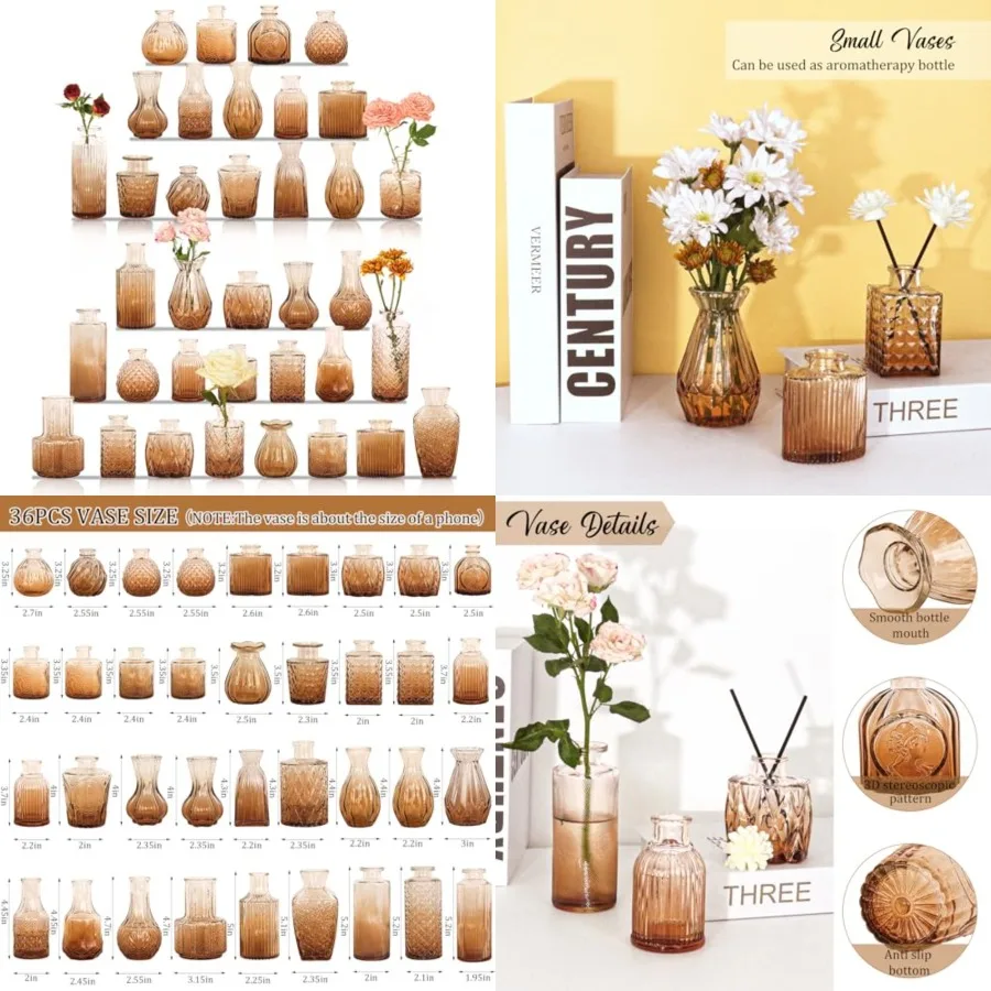 36Pcs Bud Vases Set Small Vintage Glass Bottles Bud Vases in Bulk Multiple Shape Cute Glass Vases for Rustic Wedding Centerpiec
36Pcs Bud Vases Set Small Vintage Glass Bottles Bud Vases in Bulk Multiple Shape Cute Glass Vases for Rustic Wedding Centerpiec