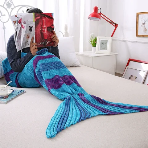 Stripes Mermaid Tail Knitted Blanket Soft Sofa Office Nap Air Conditioning Warmth Blanket Casual Sofa Bed Throw All-season