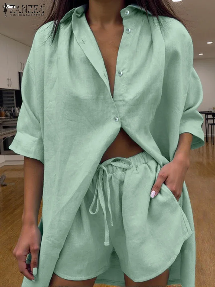 ZANZEA Holiday Sports Tracksuits Women Casual Short Sets Fashion Solid Color Matching Outfits 2025 Summer 3/4 Sleeve Shirt Suit
ZANZEA Holiday Sports Tracksuits Women Casual Short Sets Fashion Solid Color Matching Outfits 2025 Summer 3/4 Sleeve Shirt Suit