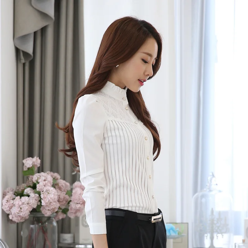 Commute Style Long Sleeve Lace Trim Fitted Shirt Korean Version Stand Collar Chiffon Base Shirt Professional White Shirt
Commute Style Long Sleeve Lace Trim Fitted Shirt Korean Version Stand Collar Chiffon Base Shirt Professional White Shirt