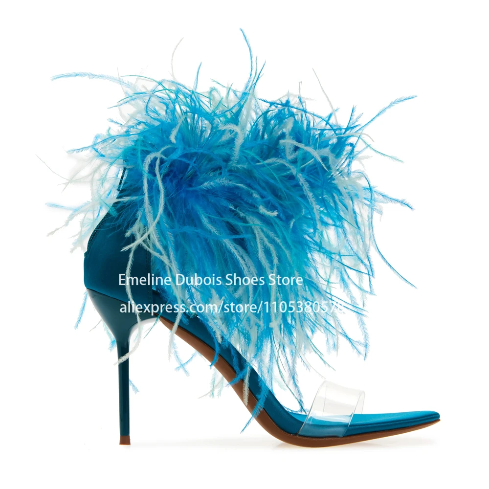 Blue Ombre Feather Ankle Wrap Satin Stiletto Heel Sandals Clear Pvc Toe Strap Back Zipper Luxury Party Prom Women Dress Shoes
Blue Ombre Feather Ankle Wrap Satin Stiletto Heel Sandals Clear Pvc Toe Strap Back Zipper Luxury Party Prom Women Dress Shoes