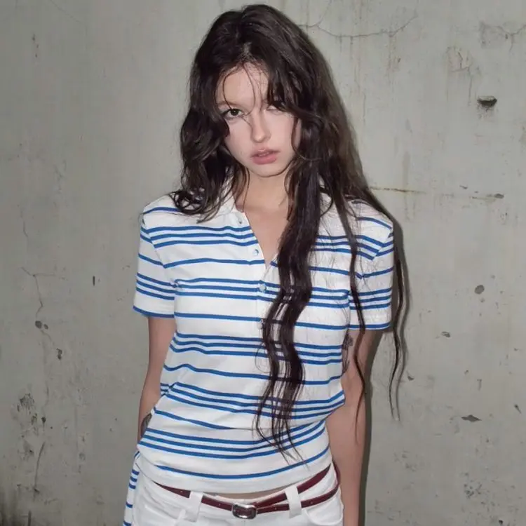 Polo collar striped short-sleeved T-shirt women's summer lazy style casual loose short top
Polo collar striped short-sleeved T-shirt women's summer lazy style casual loose short top