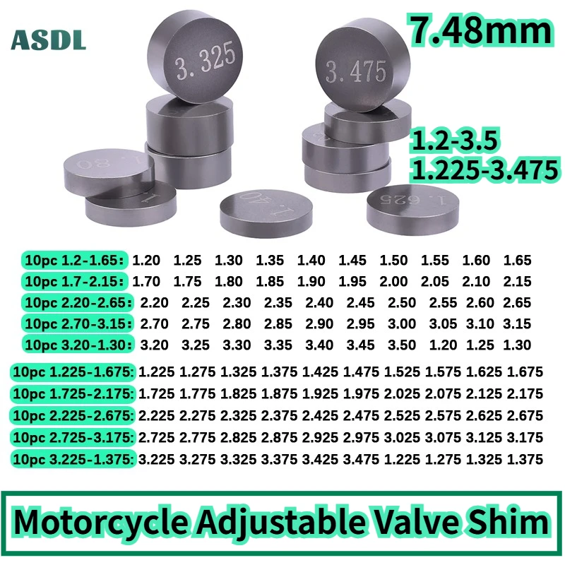 10pcs 7.48mm Motorcycle Valve Shim For Honda Suzuki Yamaha Kawasaki Adjustable Complete Valve Pad Shim 1.2-3.5 1.225-3.475 1.8
10pcs 7.48mm Motorcycle Valve Shim For Honda Suzuki Yamaha Kawasaki Adjustable Complete Valve Pad Shim 1.2-3.5 1.225-3.475 1.8