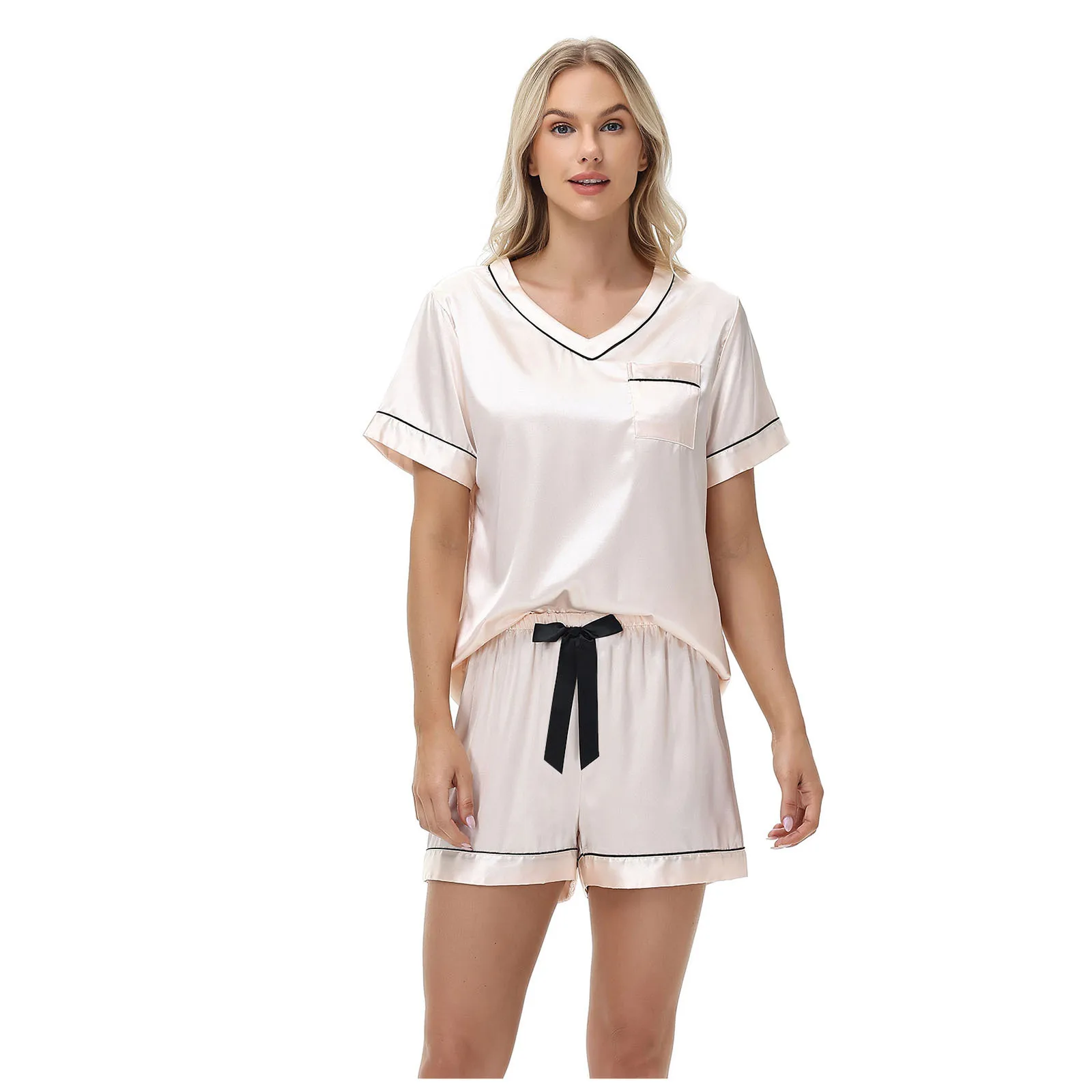 2025 New Short-sleeved Shorts Summer Sexy Pajamas V-neck Ice Silk Suit Ladies Home Clothes Sleepwear Women
2025 New Short-sleeved Shorts Summer Sexy Pajamas V-neck Ice Silk Suit Ladies Home Clothes Sleepwear Women
