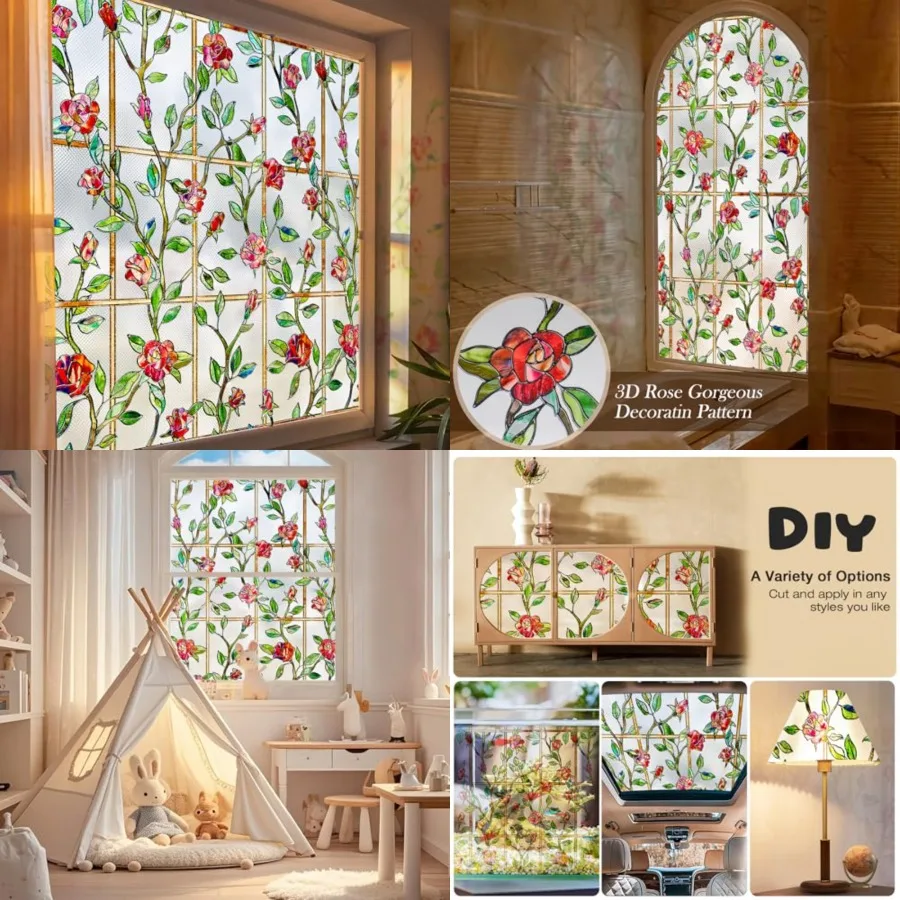 Stained Glass Window Film, 3D Rose Floral Decorative Window Covering, Light Diffusing Privacy Static Cling Film for Bathroom Li
Stained Glass Window Film, 3D Rose Floral Decorative Window Covering, Light Diffusing Privacy Static Cling Film for Bathroom Li