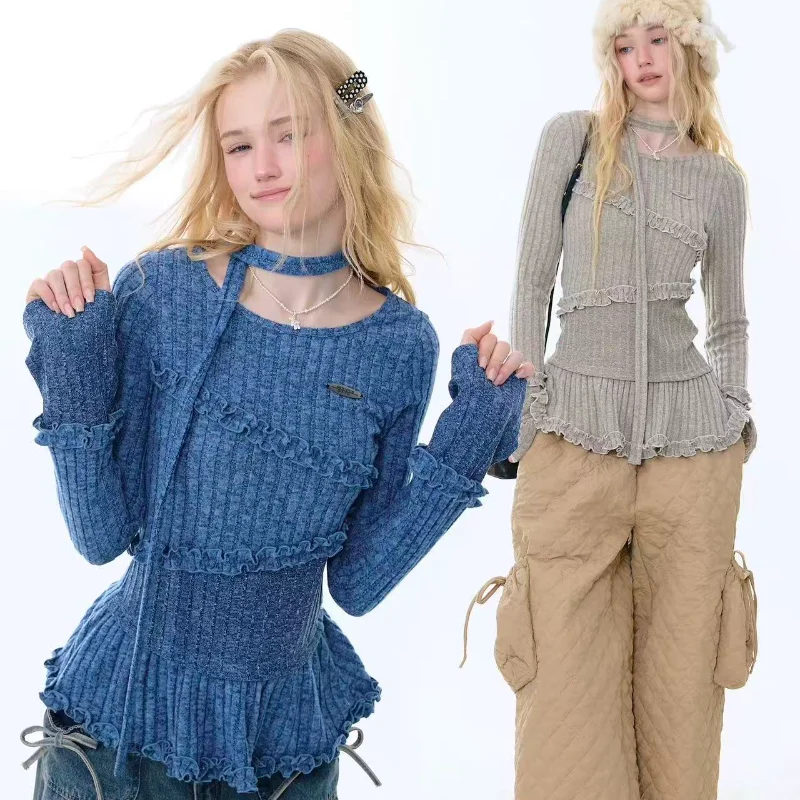 Spring Vintage Knitted Pullovers Women Streetwear Y2k Aesthetic O-neck Ruffles Sweater Autumn Female Casual Slim Knitwear Tops
Spring Vintage Knitted Pullovers Women Streetwear Y2k Aesthetic O-neck Ruffles Sweater Autumn Female Casual Slim Knitwear Tops