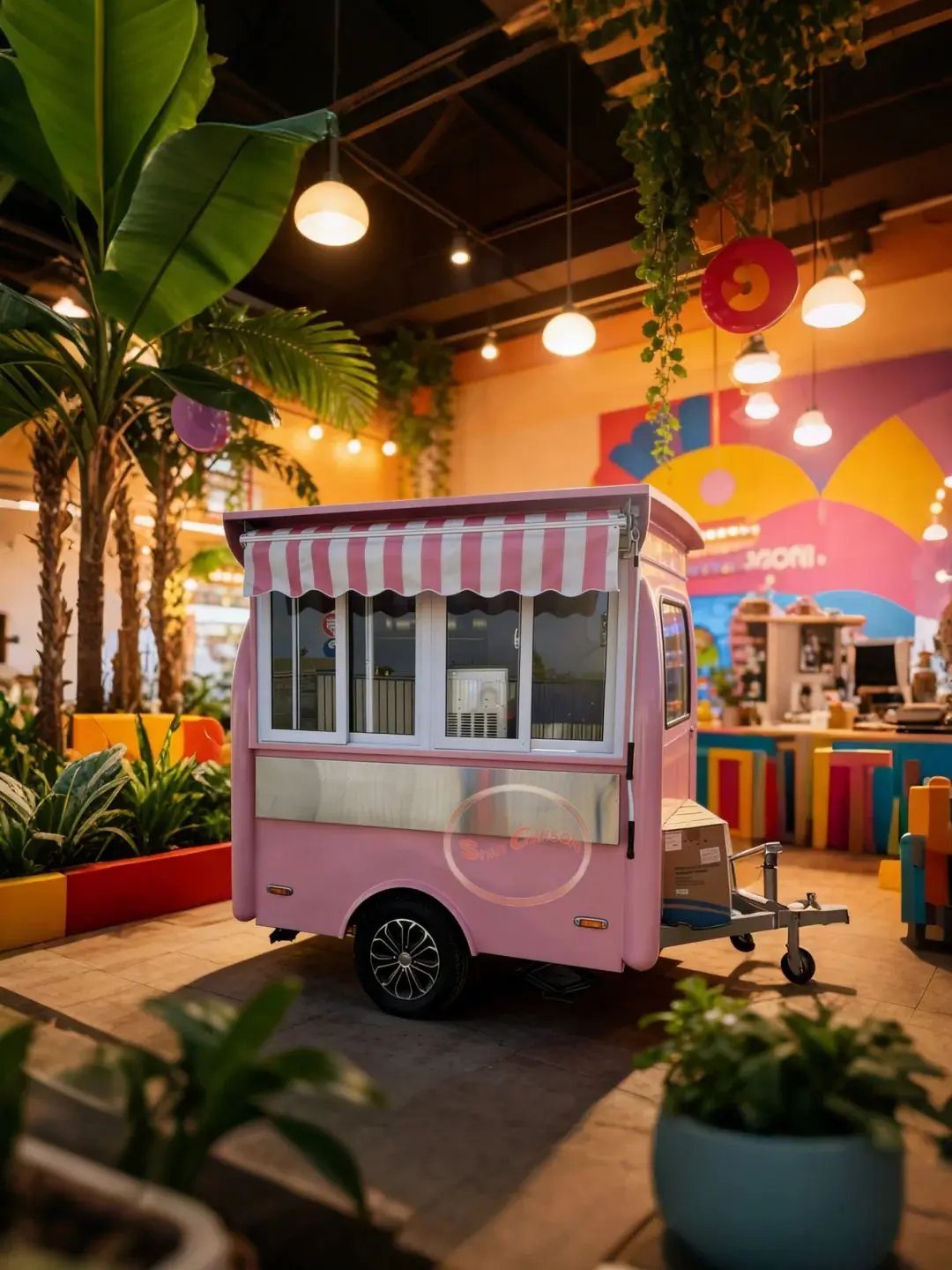 Уличная тележка для еды, мягкий розовый внешний вид с красно-белым полосатым окном продаж Awnin, внешний настольный сцеп для прицепа для уличных ед
Уличная тележка для еды, мягкий розовый внешний вид с красно-белым полосатым окном продаж Awnin, внешний настольный сцеп для прицепа для уличных ед