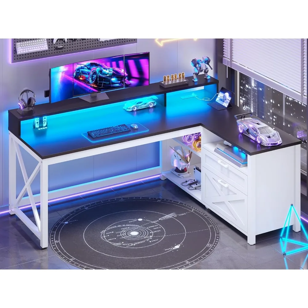 L Shaped Gaming Desk with Drawers, 55" Corner Gaming Desk with LED Lights and Power Outlet, Farmhouse Corner Computer Desk with
L Shaped Gaming Desk with Drawers, 55" Corner Gaming Desk with LED Lights and Power Outlet, Farmhouse Corner Computer Desk with