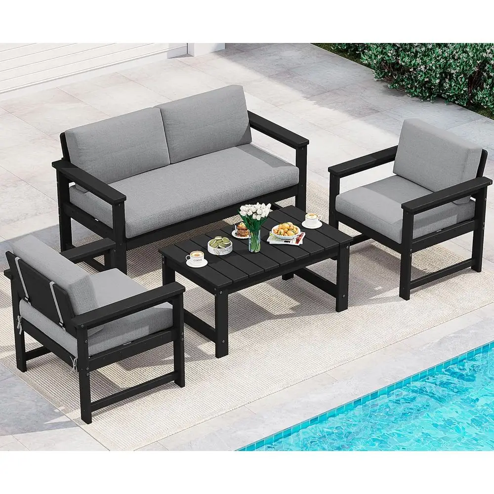 4 Pieces HDPE Outdoor Soa Set with Cushion, All Weather Use Contion Couch Set, Outdoor Loveseat Social urniture with Coee Table
4 Pieces HDPE Outdoor Soa Set with Cushion, All Weather Use Contion Couch Set, Outdoor Loveseat Social urniture with Coee Table