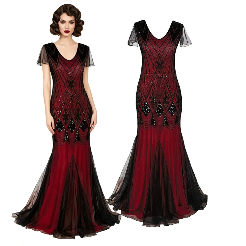 Women's 1920s Gatsby Flapper Mermaid Evening Gown Beaded Sequin Art Deco Burgundy Vintage Formal Dress for Prom Wedding Guest
Women's 1920s Gatsby Flapper Mermaid Evening Gown Beaded Sequin Art Deco Burgundy Vintage Formal Dress for Prom Wedding Guest