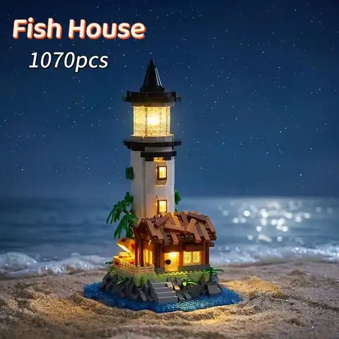 1000PCS Glowing Fisherman's Hut Building Blocks Wharf Fishing Village Log Cabin Assembly Brick Model Toys for Adult Birthday Hol