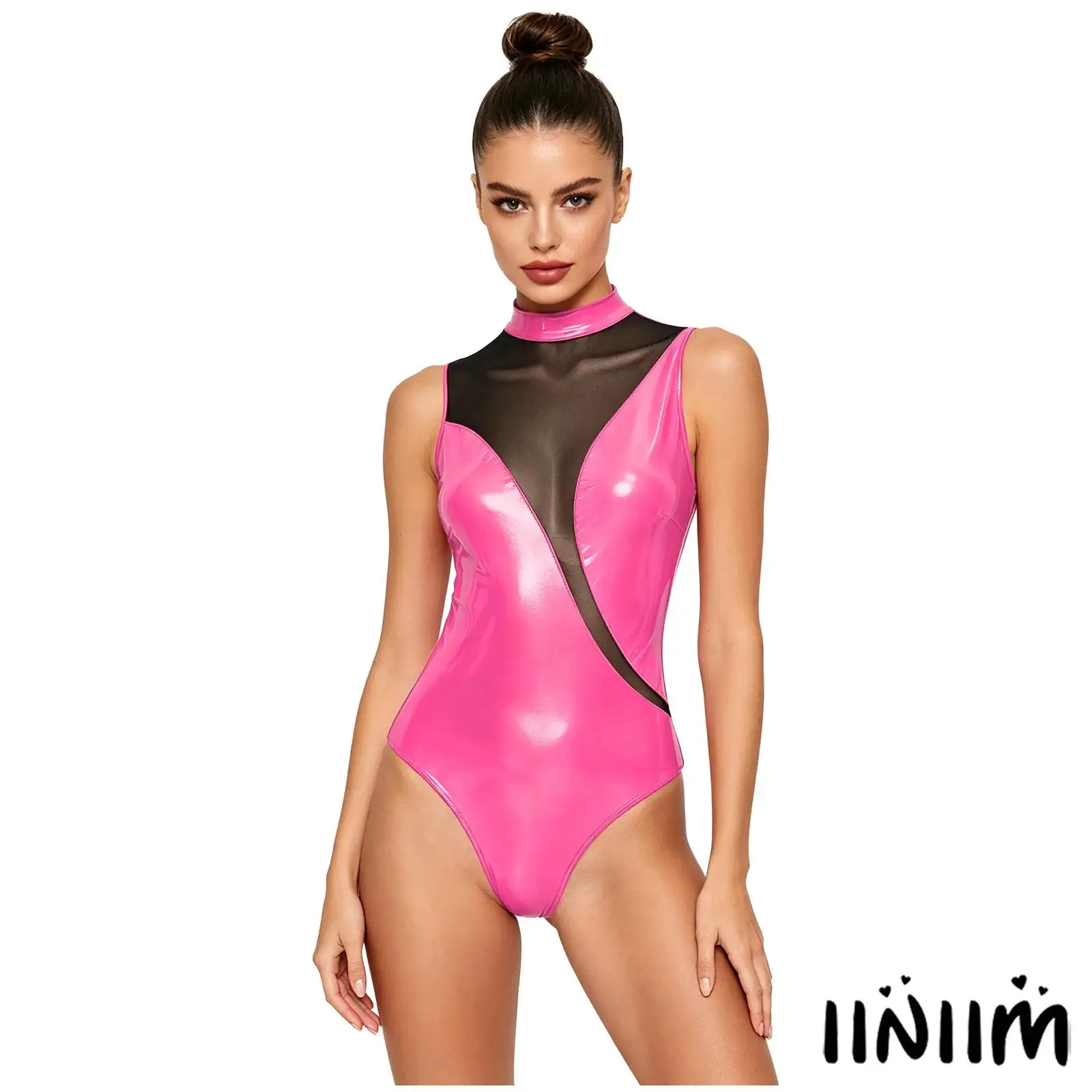Women Shiny Patent Leather Bodysuit Mock Neck Sleeveless Back Zipper Mesh Patchwork Leotard Clubwear for Carnival Party Club
Women Shiny Patent Leather Bodysuit Mock Neck Sleeveless Back Zipper Mesh Patchwork Leotard Clubwear for Carnival Party Club