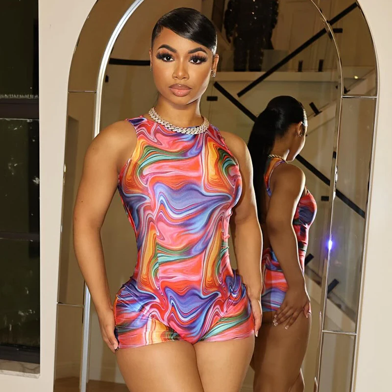 Women Backless Colorful Print Romper Sleeveless Summer Hipster Skinny Stretch Playsuit Fitness Casual Shorts Overalls
Women Backless Colorful Print Romper Sleeveless Summer Hipster Skinny Stretch Playsuit Fitness Casual Shorts Overalls