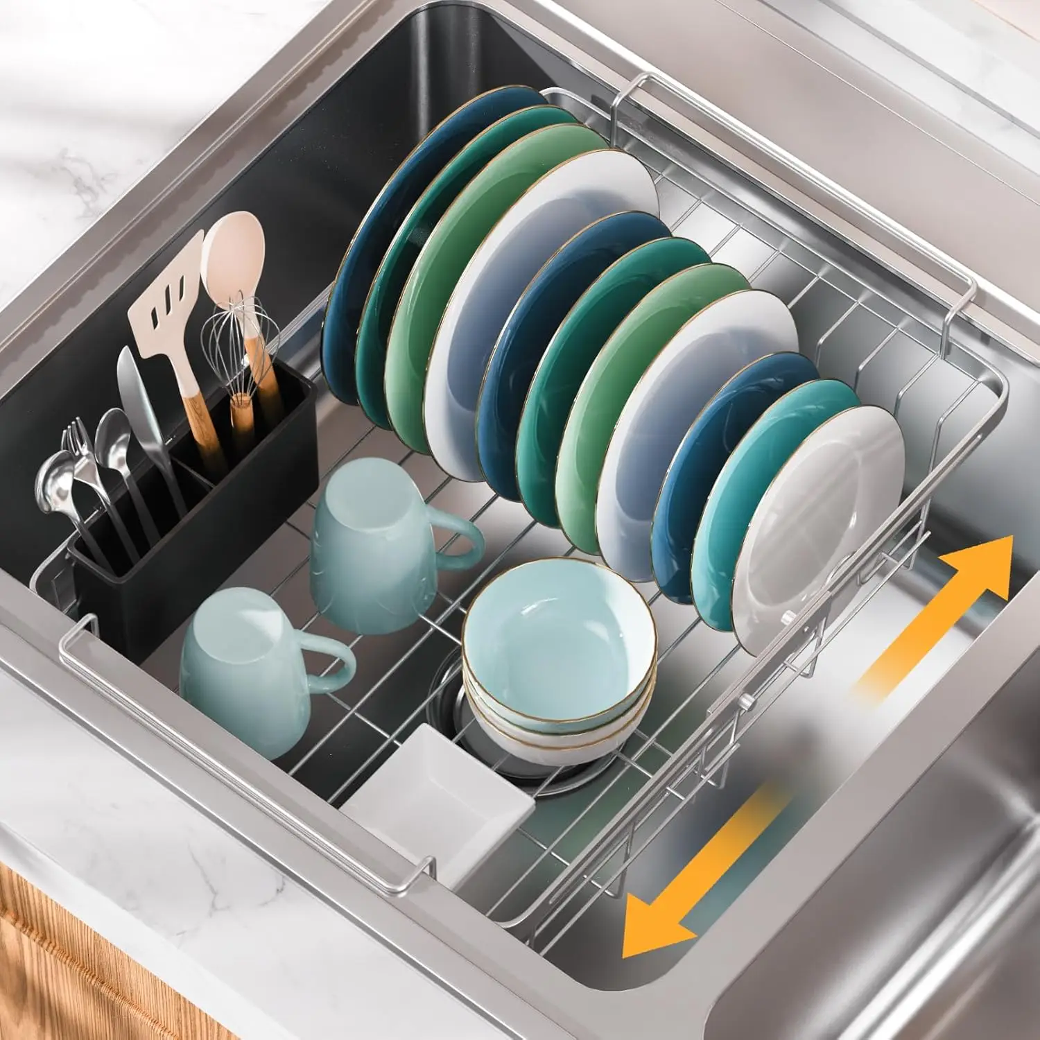 Capacity Expandable Dish Drying Rack in Sink, Stainless Steel Rustproof Over Sink Dish Drainer Rack with Utensil Holder
Capacity Expandable Dish Drying Rack in Sink, Stainless Steel Rustproof Over Sink Dish Drainer Rack with Utensil Holder