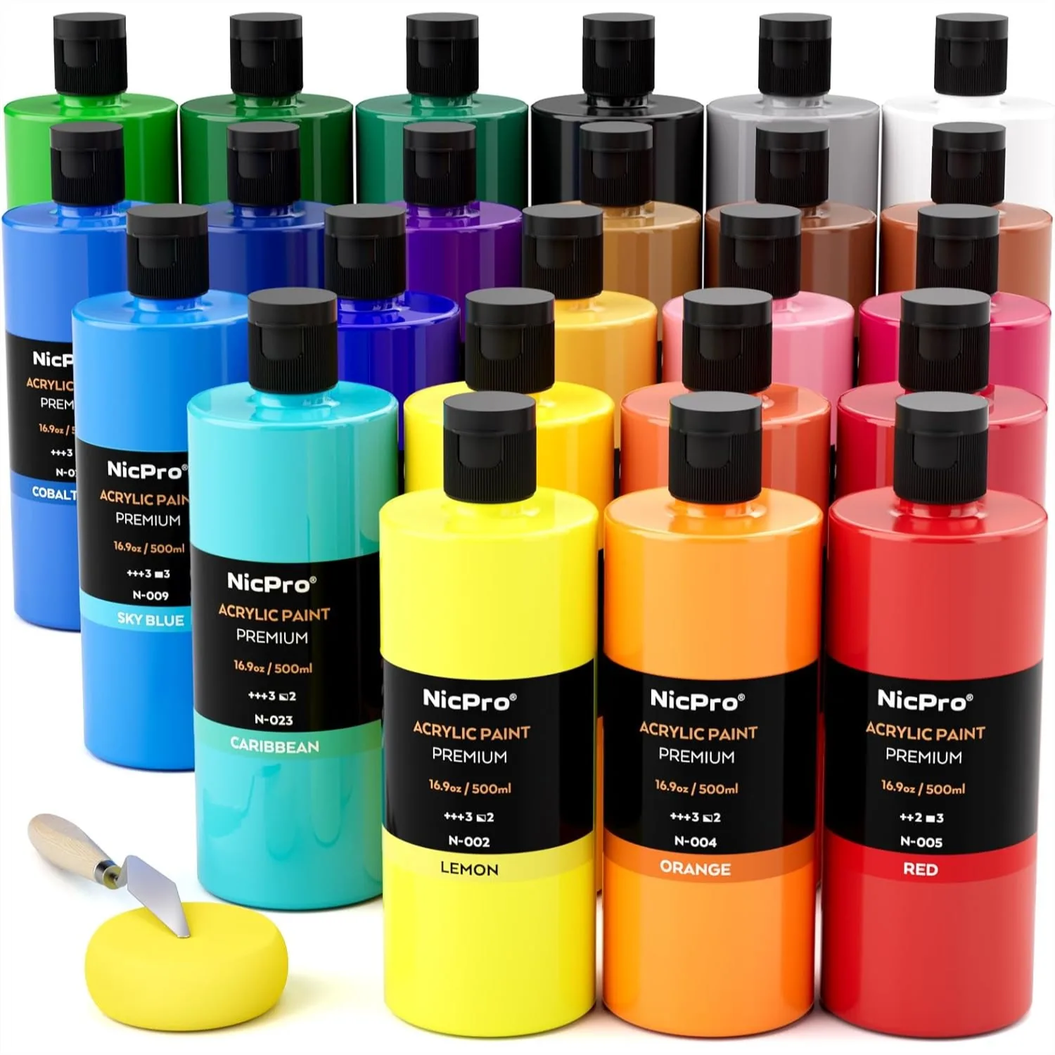 24 Colors Bulk Acrylic Paint Set (500 ml Each) for Artists on Canvas, Wood, Glass with Color Wheel
24 Colors Bulk Acrylic Paint Set (500 ml Each) for Artists on Canvas, Wood, Glass with Color Wheel