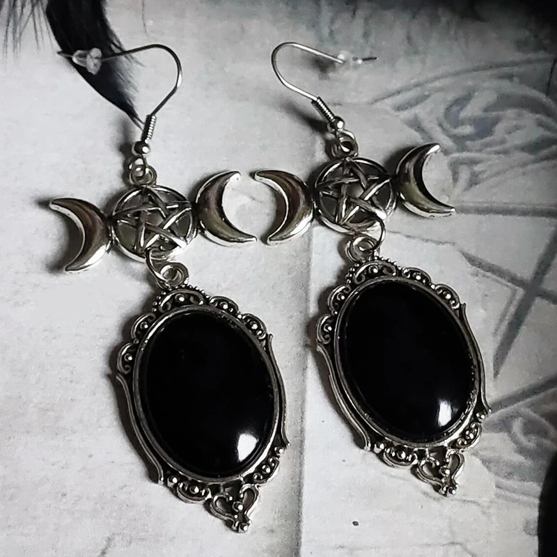 Fashionable Gothic Black Crystal Relief and Triple Pentagram Pendant Earrings
Fashionable Gothic Black Crystal Relief and Triple Pentagram Pendant Earrings