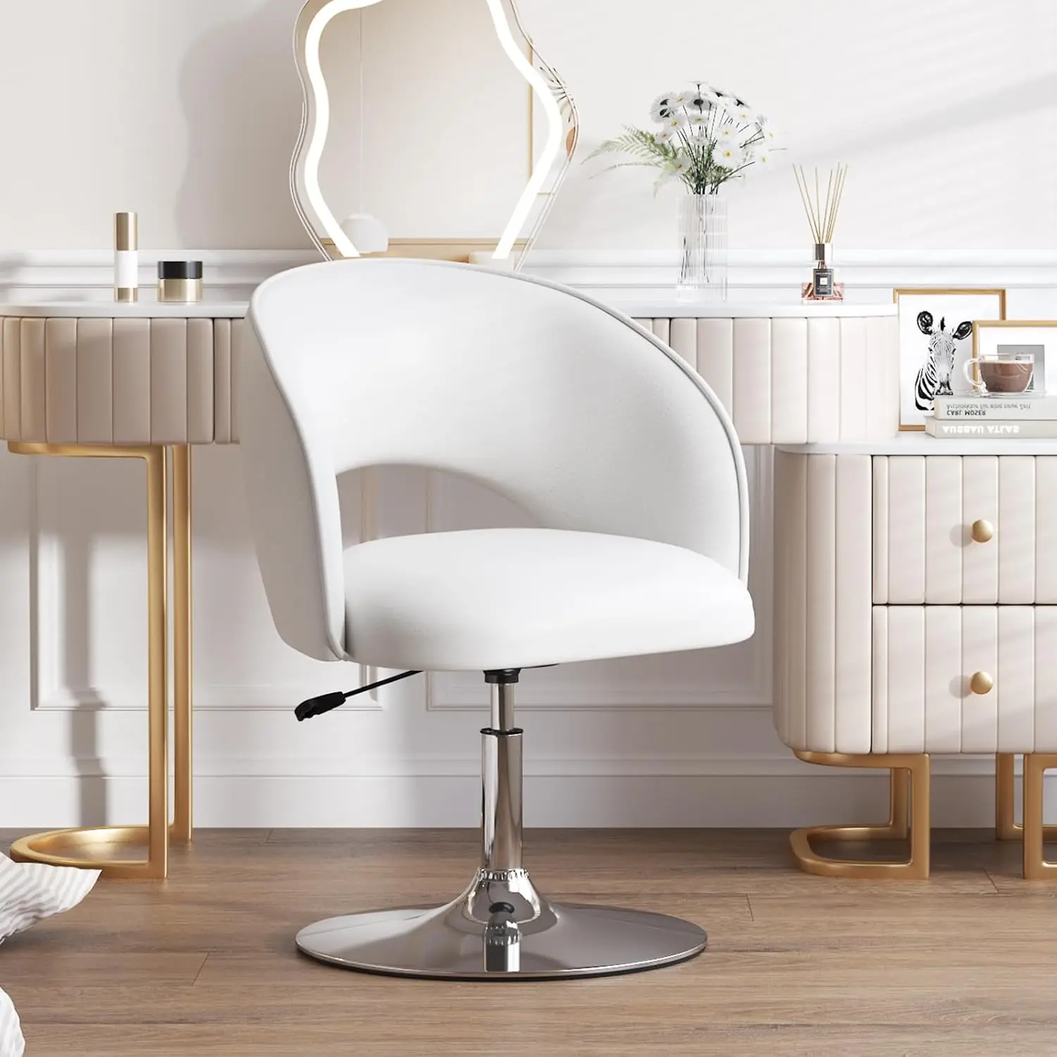 Vanity Chair with Arm, PU Leather Chair for Vanity, Swivel Accent Chair, Adjustable Height Makeup Chair with Chrome Base
Vanity Chair with Arm, PU Leather Chair for Vanity, Swivel Accent Chair, Adjustable Height Makeup Chair with Chrome Base