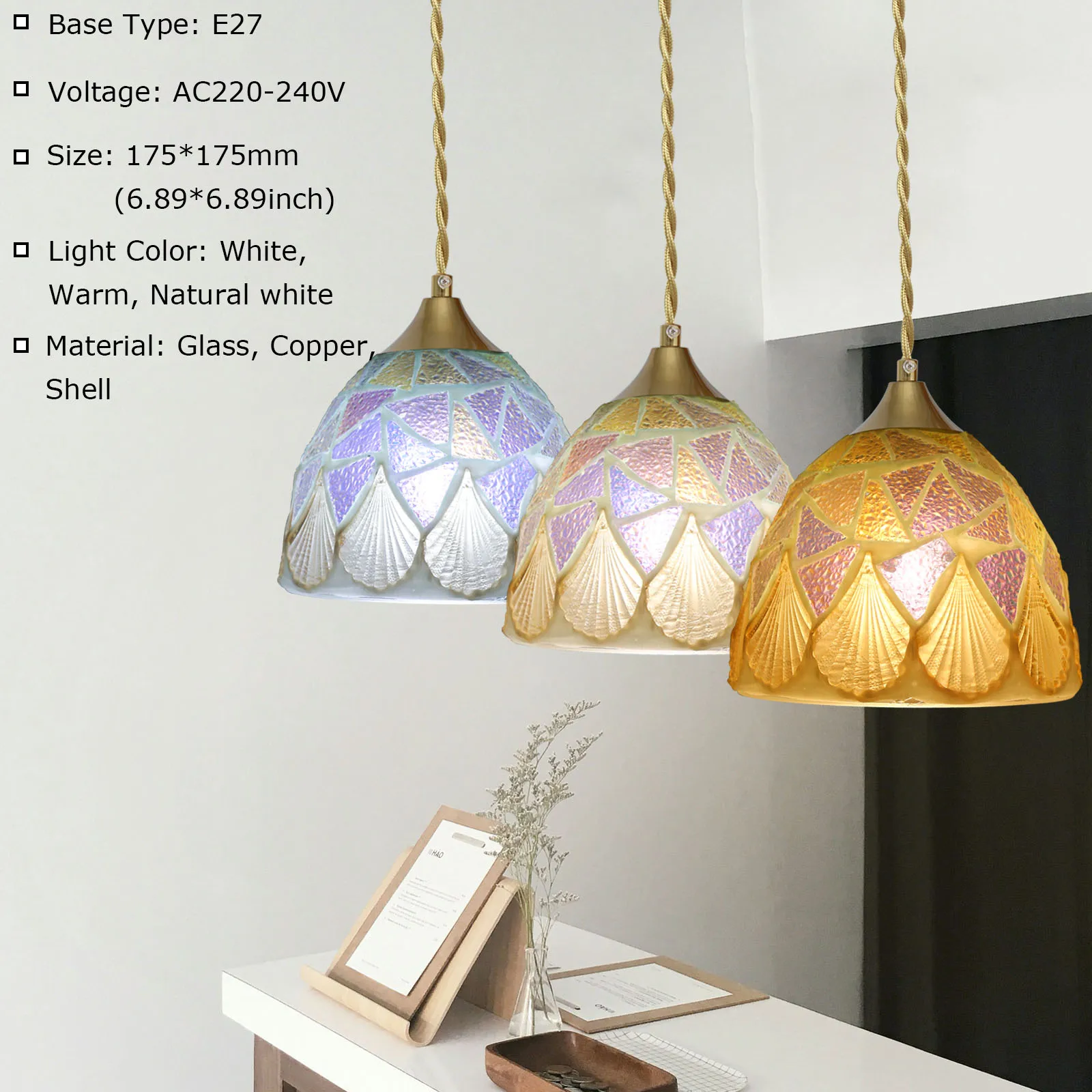 Creative Modern Color Glass Sea Shell Lampshade E27 Three Color Light Bulb Chandelier Decoration Lighting Home Hang Wire Lamp
Creative Modern Color Glass Sea Shell Lampshade E27 Three Color Light Bulb Chandelier Decoration Lighting Home Hang Wire Lamp