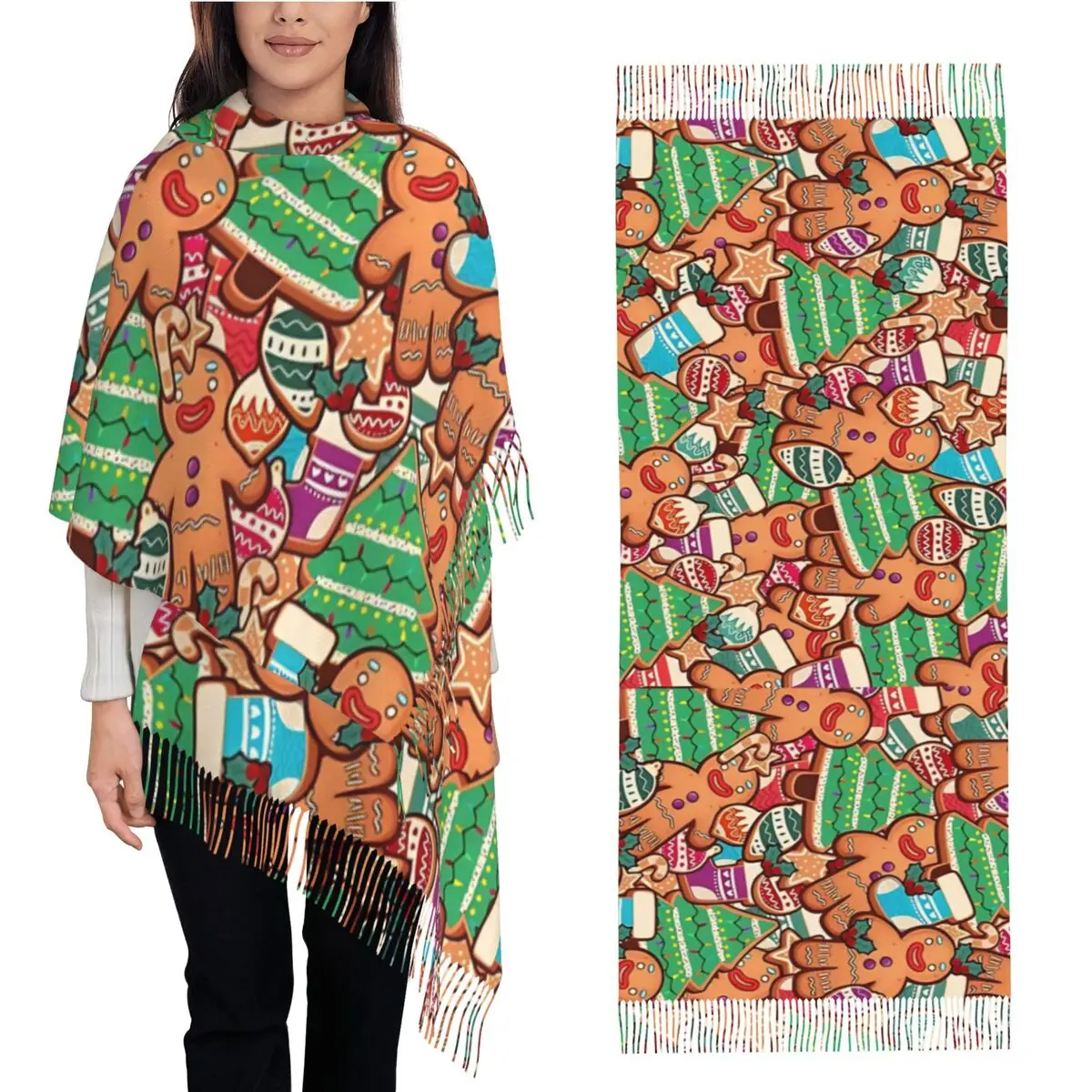 Рождественский пряничный шарф с узором печенья для женщин, зима-осень, шали из пашмины и длинные шарфы с кисточкой, легкие
Рождественский пряничный шарф с узором печенья для женщин, зима-осень, шали из пашмины и длинные шарфы с кисточкой, легкие